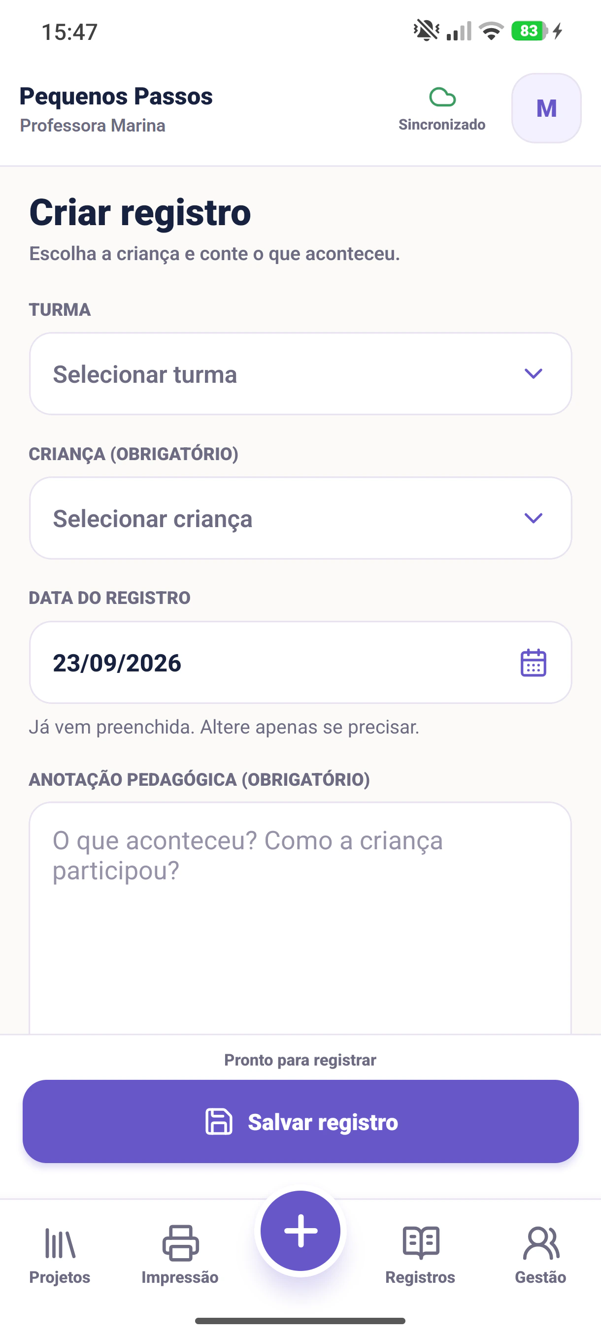 Tela real de criação de registro no aplicativo Android