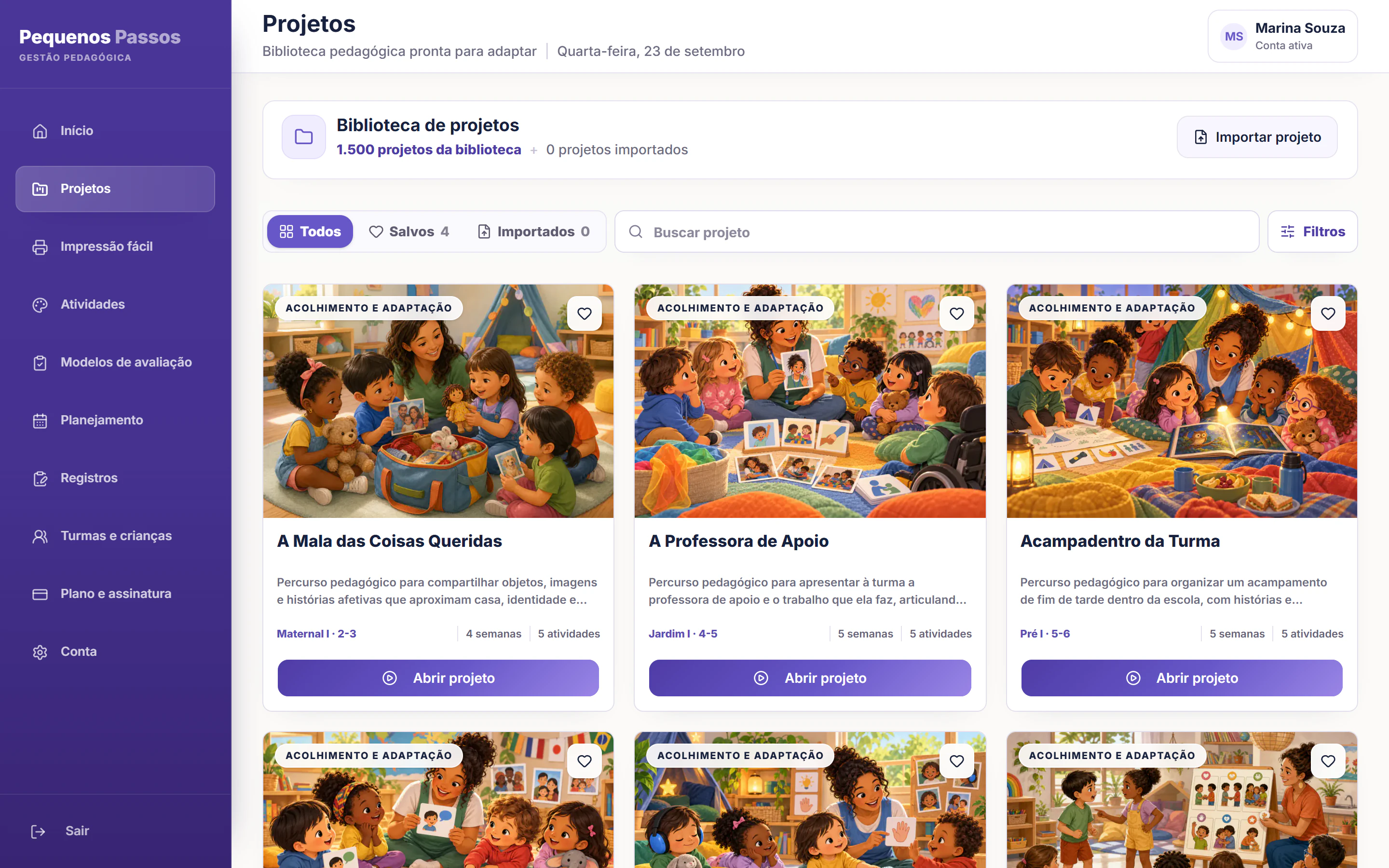 Biblioteca real de projetos pedagógicos do Pequenos Passos no computador